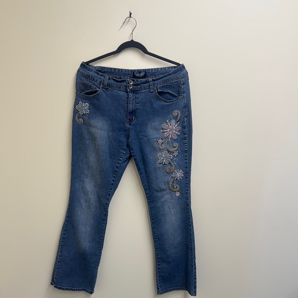 Angels Blue Flare Wide Leg Jeans with Distressed Details